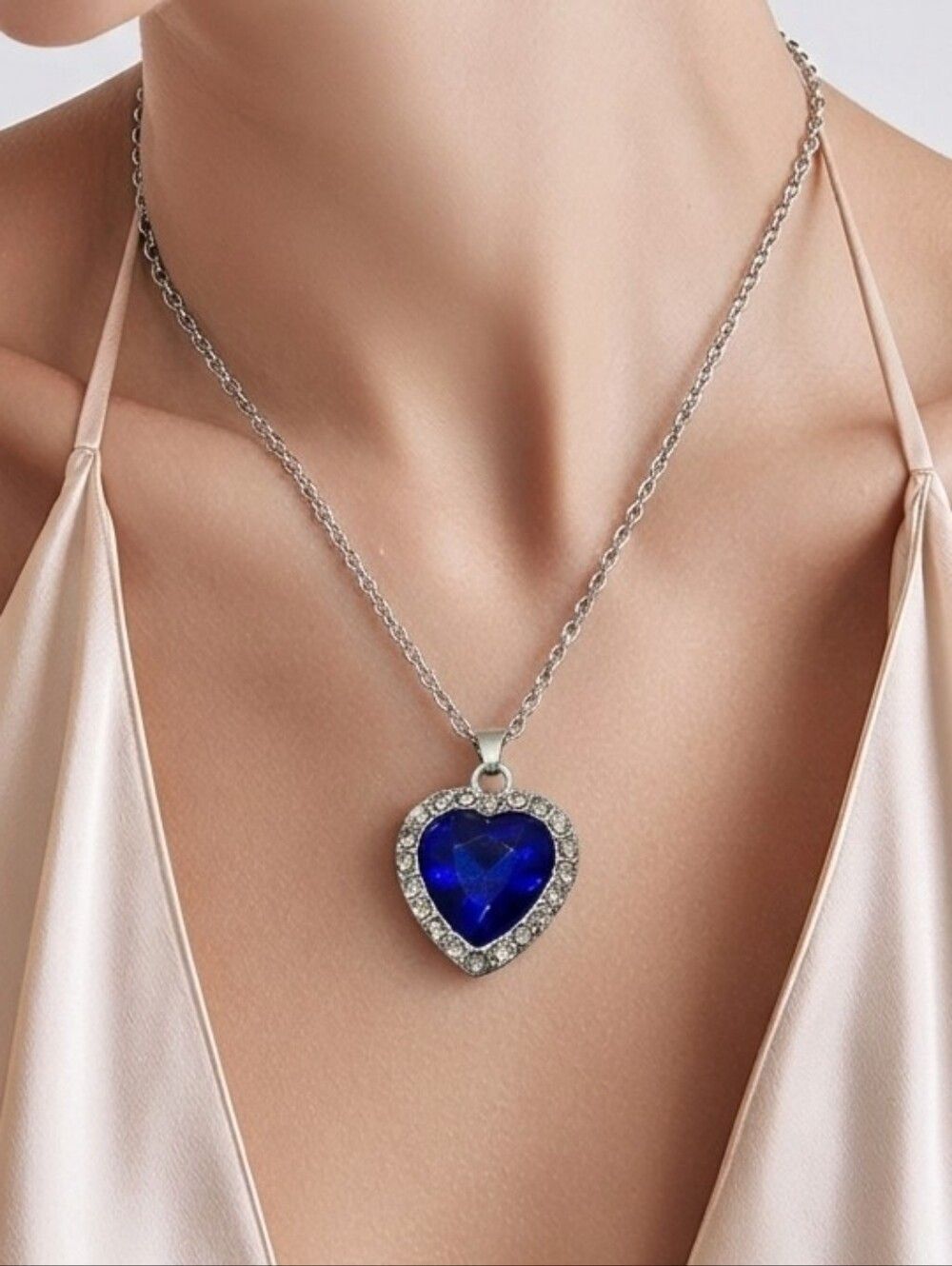 Blue Heart Rhinestone Necklace Titanic Inspired Heart of Ocean Iconic Pendant